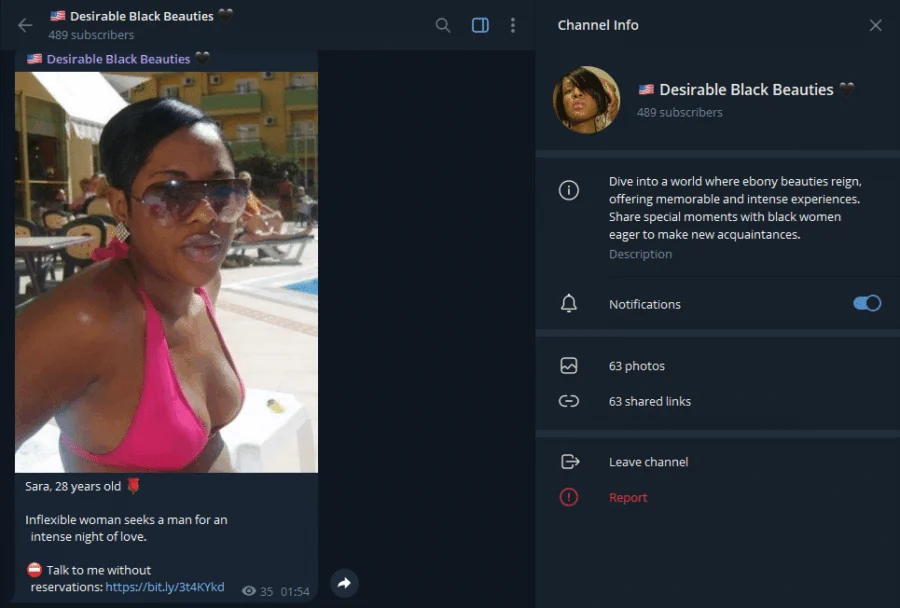 Voorbeeld van de Telegram-groep Begeerlijke zwarte schoonheden