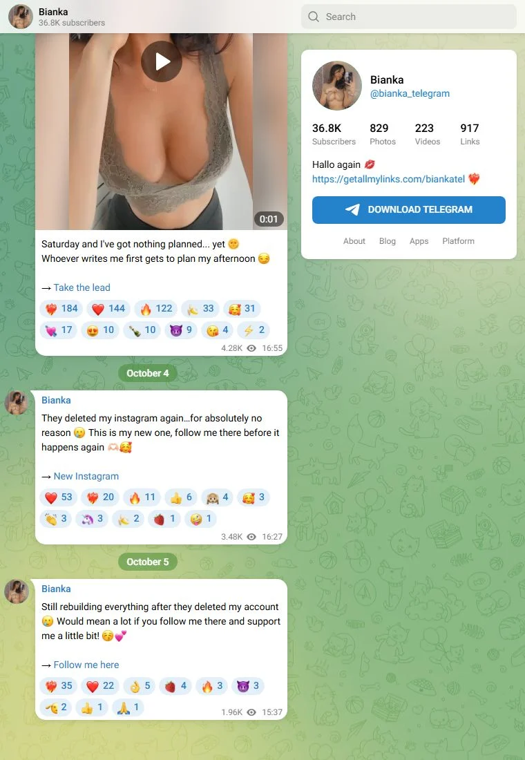 Voorbeeld van het Telegram-kanaal Bianka