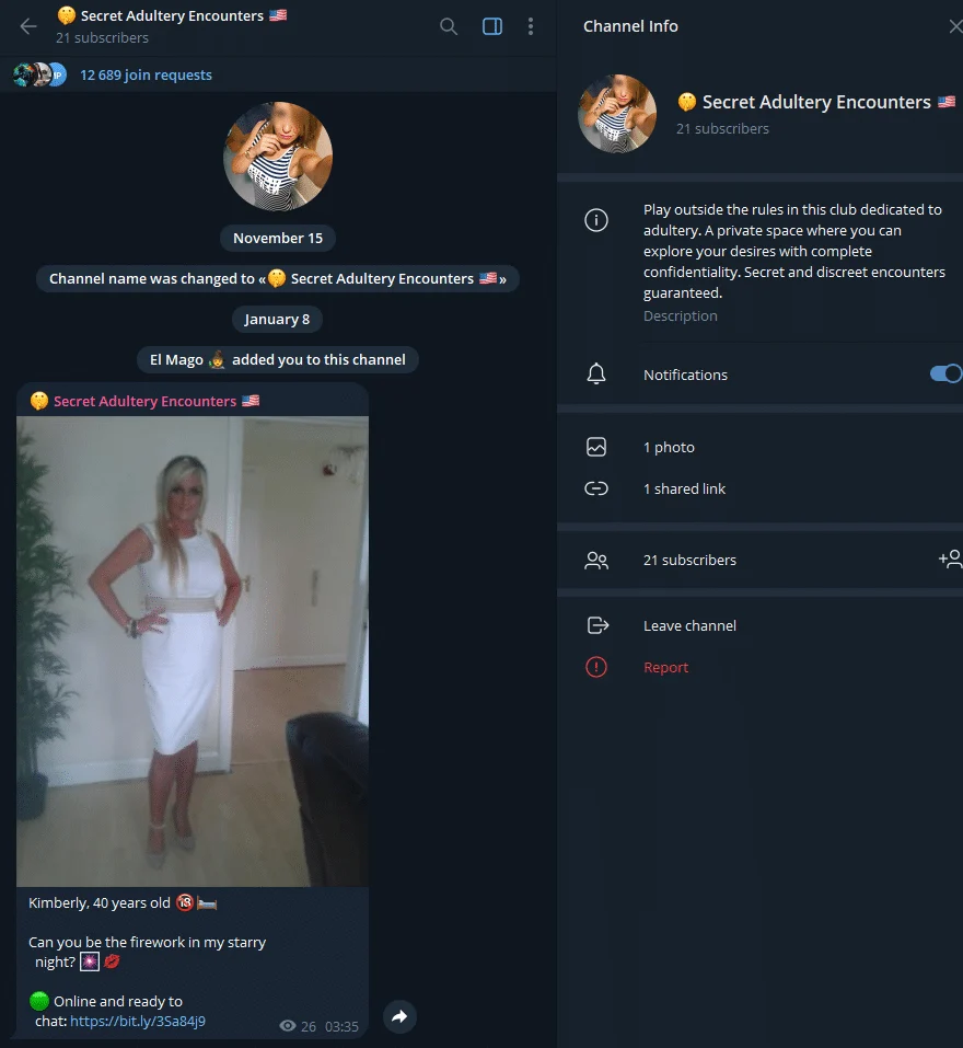 Voorbeeld van de Telegram-groep Geheime overspel dates