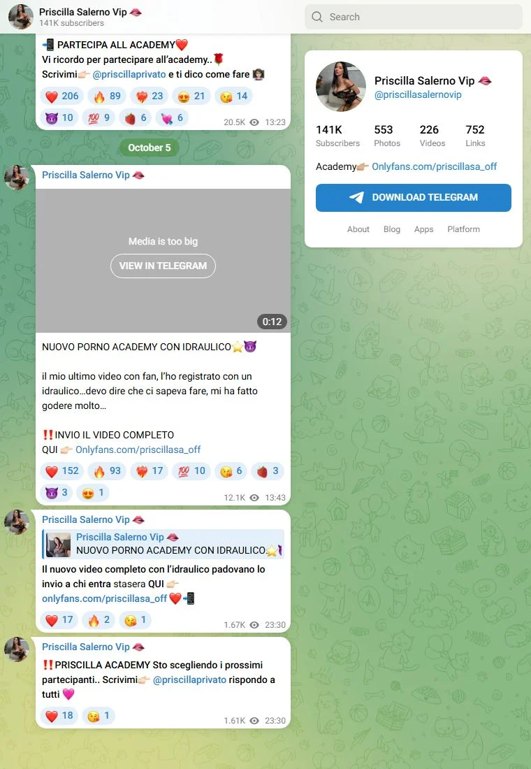 Voorbeeld van het Telegram-kanaal Priscilla Salerno