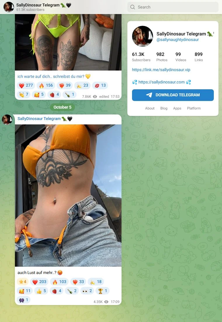Voorbeeld van het Telegram-kanaal Sally Dinosaur