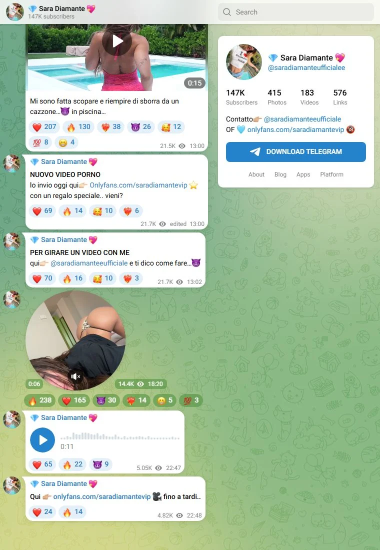 Voorbeeld van het Telegram-kanaal Sara Diamante