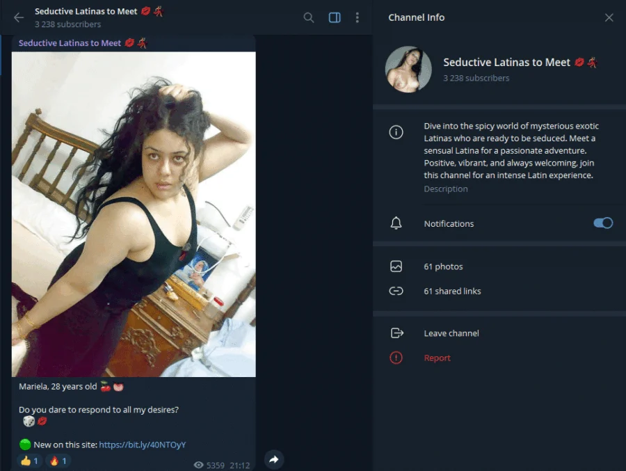 Voorbeeld van de Telegram-groep Verleidelijke latina’s om te ontmoeten
